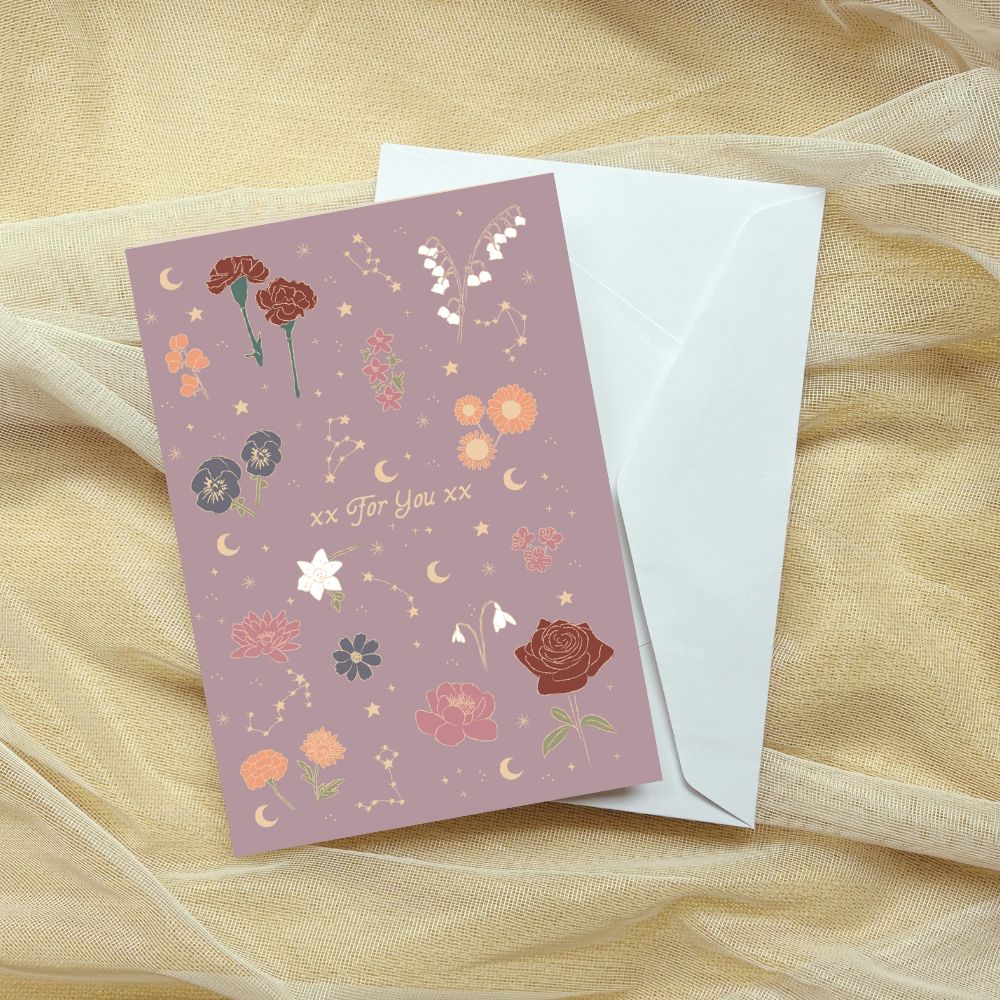 Greeting card with floral designs and 'xx For You xx' text on a sheer fabric background