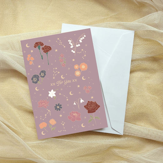 Greeting card with floral designs and 'xx For You xx' text on a sheer fabric background