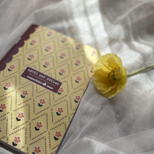 Vintage floral pattern notebook with mustard and rich red tones